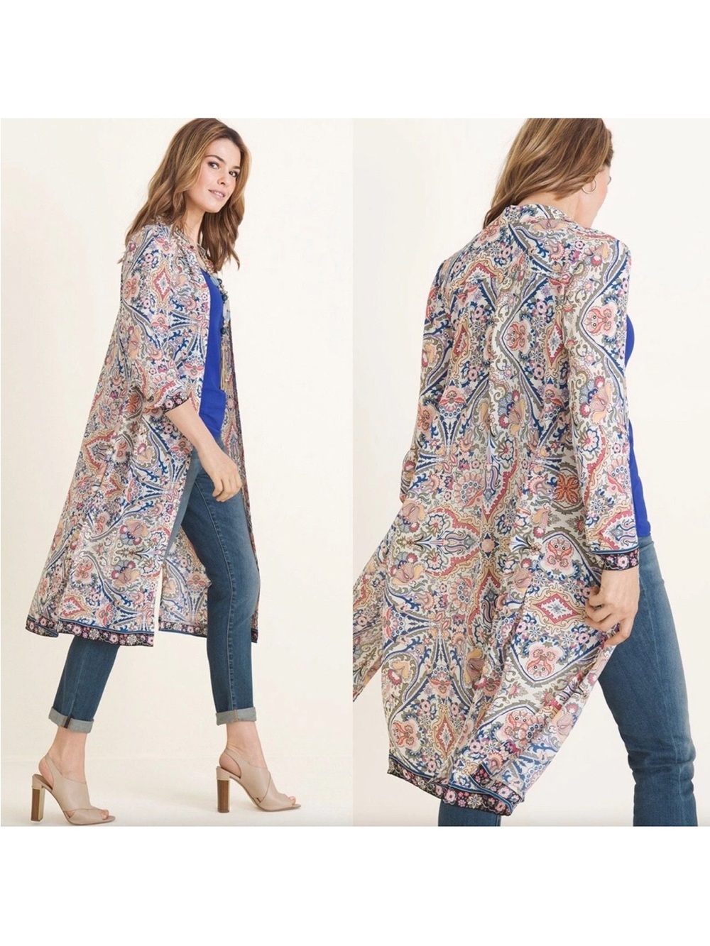 CHICO’S Paisley Floral Boho Button Down Long Tunic Topper Shirt XL